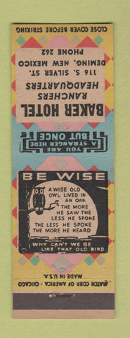 Matchbook Cover - Baker Hotel Deming NM low phone # owl