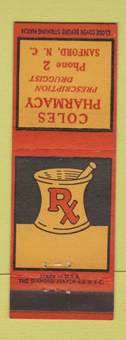 Matchbook Cover - Coles Pharmacy Drug Sanford NC low phone #