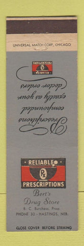 Matchbook Cover - Bert's Drug Store Hastings NE low phone # Burchess