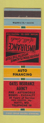 Matchbook Cover - Oates Insurance Agency Hayti MO low phone #