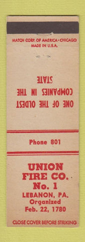 Matchbook Cover - Union Fire Company Lebanon PA low phone #