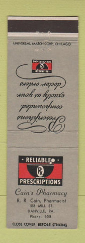 Matchbook Cover - Cain's Drug Danville PA loiw phone #