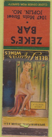 Matchbook Cover - Zeke's Bar Joplin MO pinup WORN