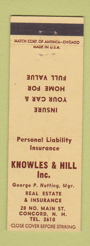 Matchbook Cover - Knowles & Hill Insurance Concord NH low phone #