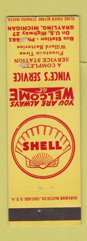 Matchbook Cover - Vince's Shell oil gas Firestone Tires Grayling MI WORN