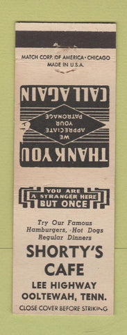 Matchbook Cover - Shorty's Cafe Ooltewah TN