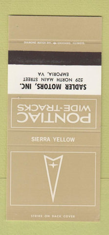 Matchbook Cover ?Š Pontiac Sadler Emporia VA Sierra Yellow 30 Strike SAMPLE