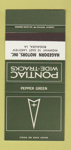 Matchbook Cover ¢ Pontiac Bogalusa LA Hagedorn Pepper Green 30 Strike SAMPLE