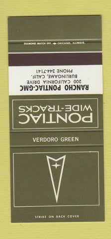 Matchbook Cover ¢ Pontiac GMC Burlingame CA Verdoro Green 30 Strike SAMPLE #1