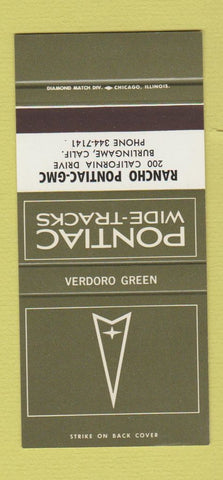 Matchbook Cover ¢ Pontiac GMC Burlingame CA Verdoro Green 30 Strike SAMPLE #2