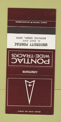 Matchbook Cover ?Š Pontiac University Bowling Green OH Burgundy 30 Strike SAMPLE