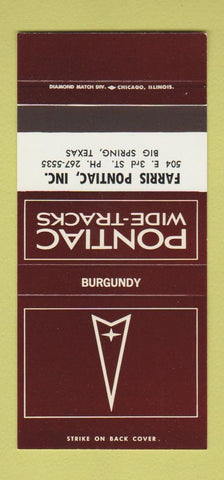 Matchbook Cover ?Š Pontiac Farris Big Spring TX Burgundy 30 Strike SAMPLE #1
