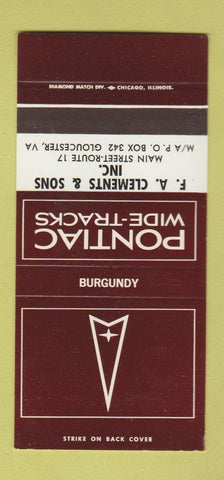 Matchbook Cover ?Š Pontiac Gloucester VA Clements Burgundy 30 Strike SAMPLE