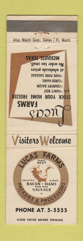 Matchbook Cover - Lucas Farms Meat Packing Mesquite TX