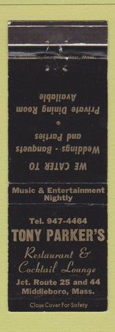 Matchbook Cover - Tony Parker's Restaurant Middleboro MA