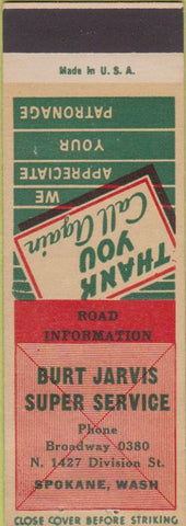 Matchbook Cover - Burt Jarvis oil gas Spokane WA SAMPLE