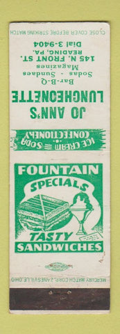 Matchbook Cover - Jo Ann's Luncheonette Reading PA BBQ