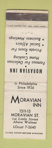 Matchbook Cover - Moravian Inn Philadelphia PA WEAR