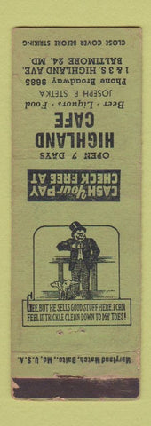 Matchbook Cover - Highland Cafe Baltimore MD WORN