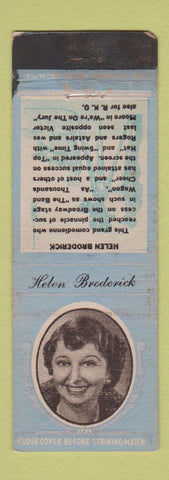Matchbook Cover - 1930's Dimaond Movie Stars Helen Broderick WEAR