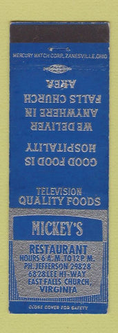 Matchbook Cover - Mickey's Restaurant East Falls Church VA