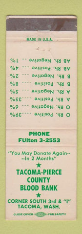 Matchbook Cover - Tacoma Pierce County Blood Bank Tacoma WA WORN