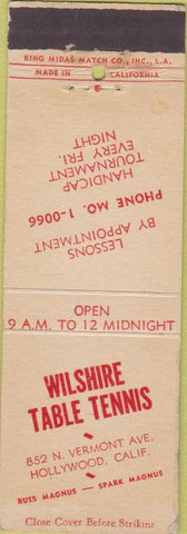 Matchbook Cover - Wilshire Table Tennis Hollywood CA Ping Pong Kind Midas