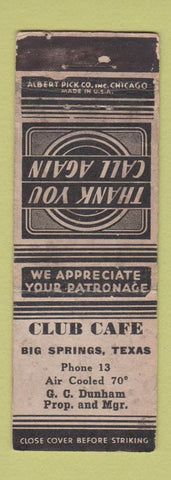 Matchbook Cover - Club Cafe Big Springs TX low phone # WORN
