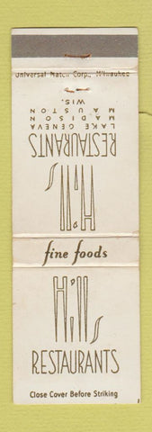 Matchbook Cover - Hills Restaurants Lake Geneva Madison Mauston WI WEAR