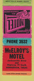 Matchbook Cover - McElroy's Motel Henderson TX low phone # WORN