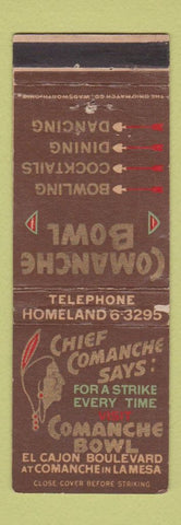 Matchbook Cover - Comanche Bowling La Mesa CA Indian WORN