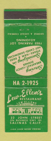 Matchbook Cover - Lew & Ellen's Restaurant Salinas CA