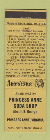 Matchbook Cover Princess Anne Soda Shop Princess Anne VA Perkins Americana WEAR