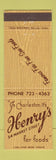 Matchbook Cover - Henry's Restaurant Charleston SC