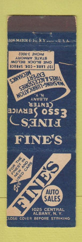 Matchbook Cover - Fine's Esso oil gas Albany NY auto sales