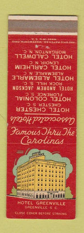 Matchbook Cover - Hotel Greenville Chester Florence Rock Hill SC Lenoir NC