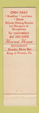 Matchbook Cover - Harvest House Restaurant King of Prussia PA WEAR