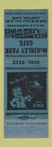 Matchbook Cover - McKinley Park Cafe Canton OH MISPRINT NO STRIKER?