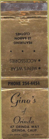 Matchbook Cover - Gino's of Orinda CA mens clothes WEAR