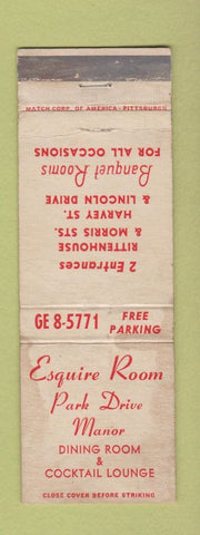 Matchbook Cover - Esquire Room Park Drive Manor Philadelphia? PA WORN