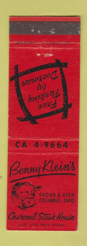 Matchbook Cover - Benny Klein's Charcoal Steak House Columbus OH