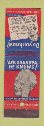 Matchbook Cover - Gallagher Burton Liquor Philadelphia PA Indian WEAR Whiskey
