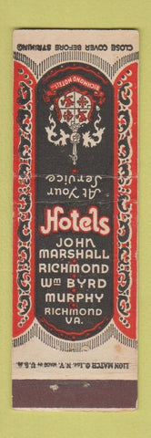 Matchbook Cover - Hotels John Marshall Richmond Wm Byrd Murphy Richmond VA