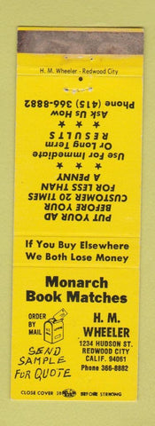 Matchbook Cover - Monarch Book Matches HW Wheeler Redwood City CA