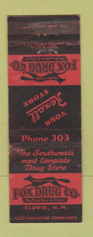 Matchbook Cover - Fox Drug Company Clovis NM Rexall low phone # WORN