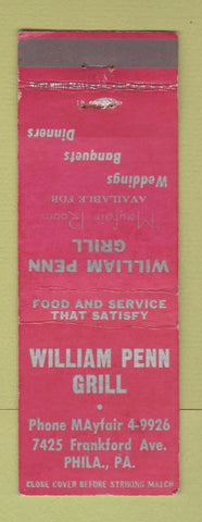 Matchbook Cover - William Penn Grill Philadelphia PA WEAR