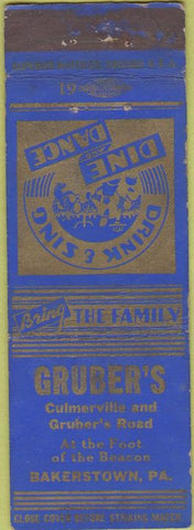 Matchbook Cover - Gruber's Restaurant Bakerstown PA WEAR