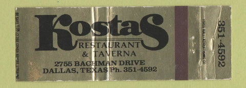 Matchbook Cover - Kostas Restaurant Dallas TX WORN Full Length