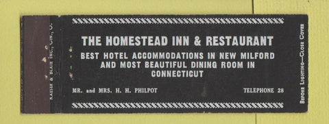 Matchbook Cover Homestead Inn Restaurant New Milford CT low phone # Full Length