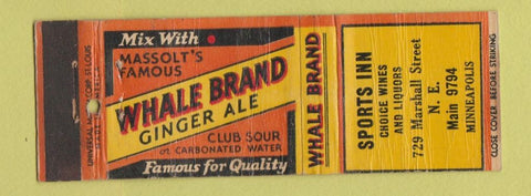 Matchbook Cover - Whale Ginger Ale Soda Sports Inn Minneapolis MN WEAR